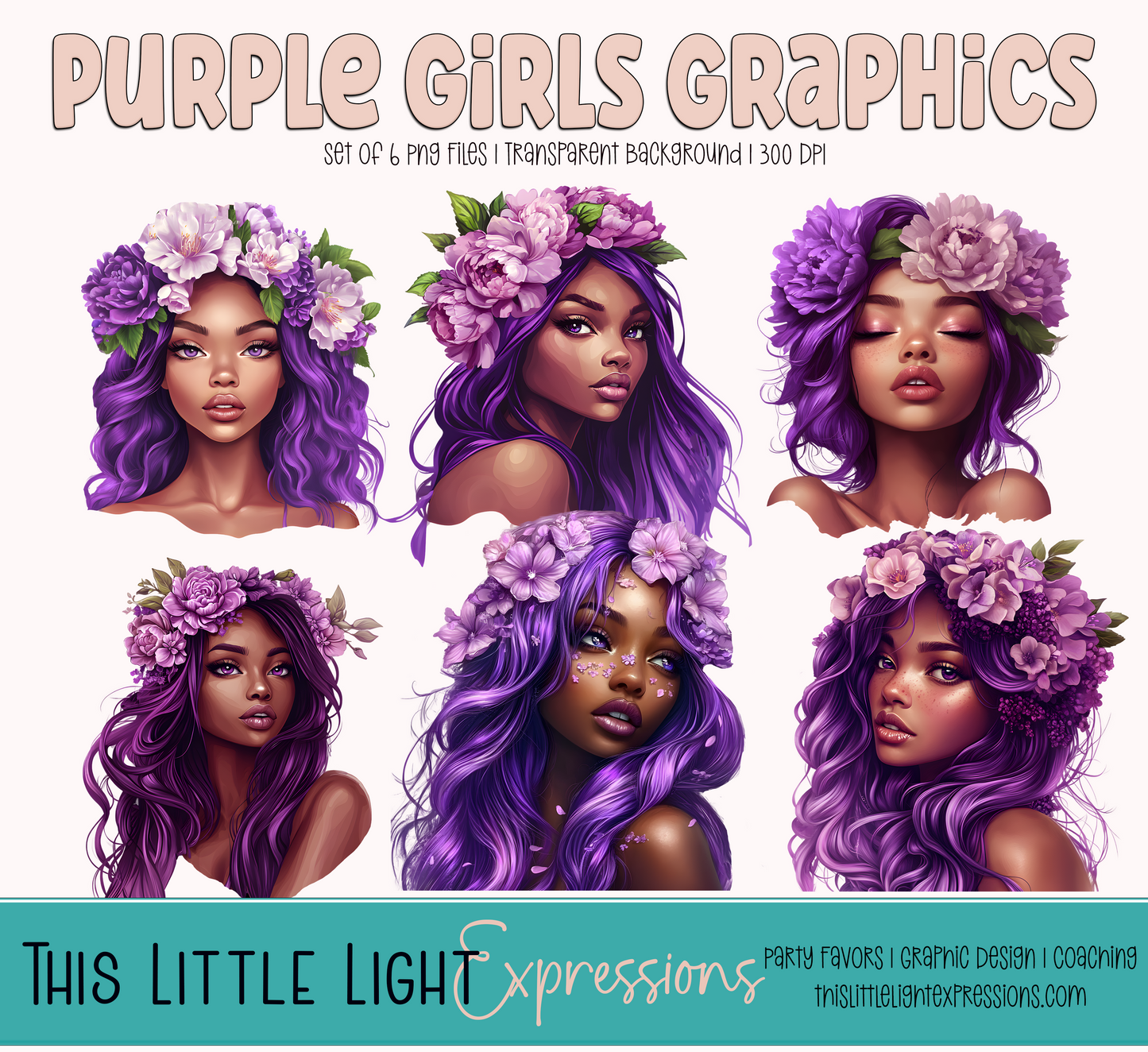 Cute Purple Hair Girls | Set of 6 PNG Files | Graphics | Instant Download