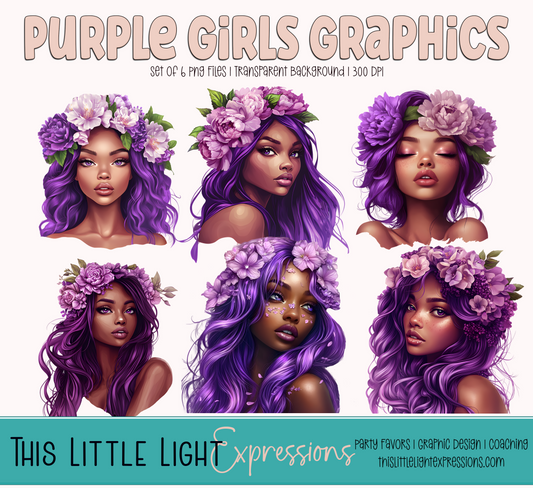 Cute Purple Hair Girls | Set of 6 PNG Files | Graphics | Instant Download